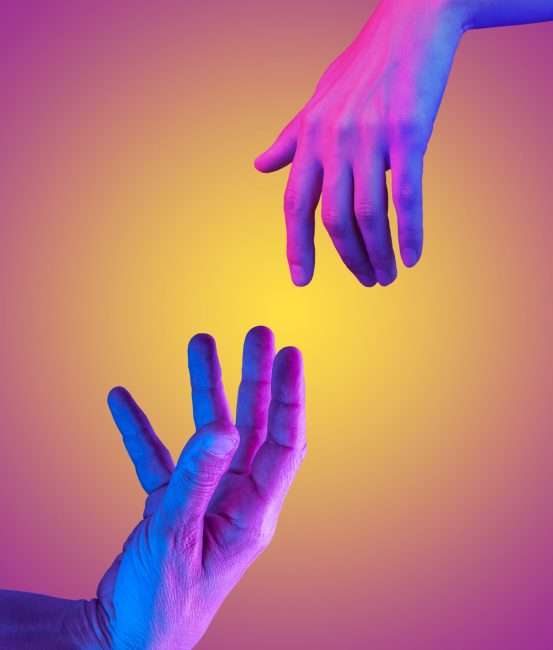 Two hand in a pop art collage style in neon bold colors. Modern psychedelic creative element with human palm for posters, banners, wallpaper. Copy space for text. Magazine style. Zine culture. Two hand in a pop art collage style in neon bold colors. Modern psychedelic creative element with human palm for posters, banners, wallpaper. Copy space for text. Magazine style design. Zine culture.